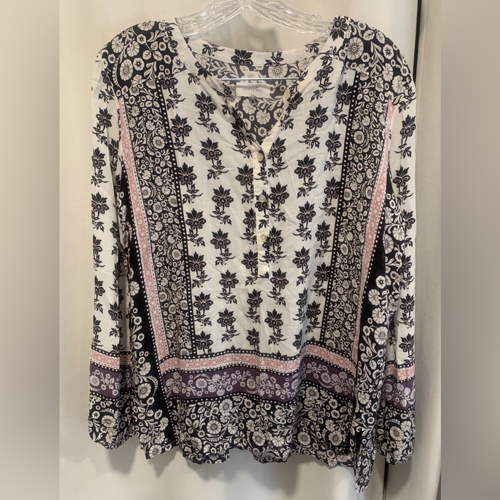 LOFT Women's Tunic, 5-Button Front, Black & White Floral w/Pink Border; Size S - Picture 2 of 8